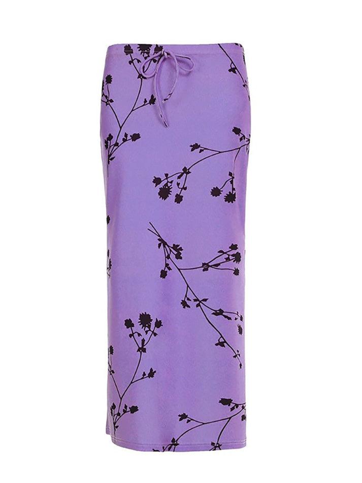 Floral Print Bow Tie Slit Midi Skirt - AnotherChill