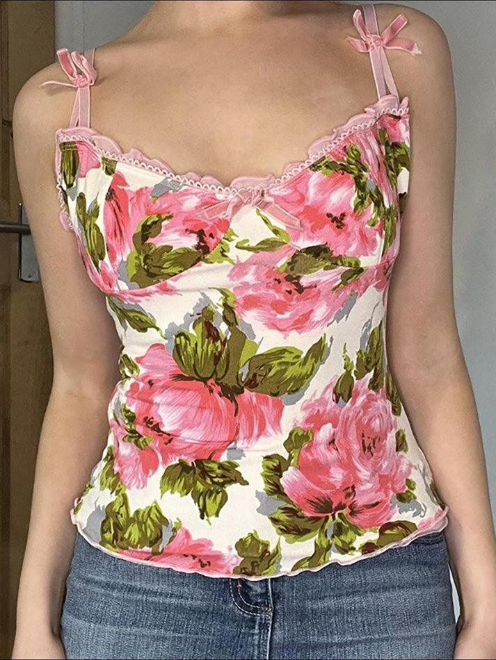 Floral Print Bow V-Neck Cami Top - AnotherChill