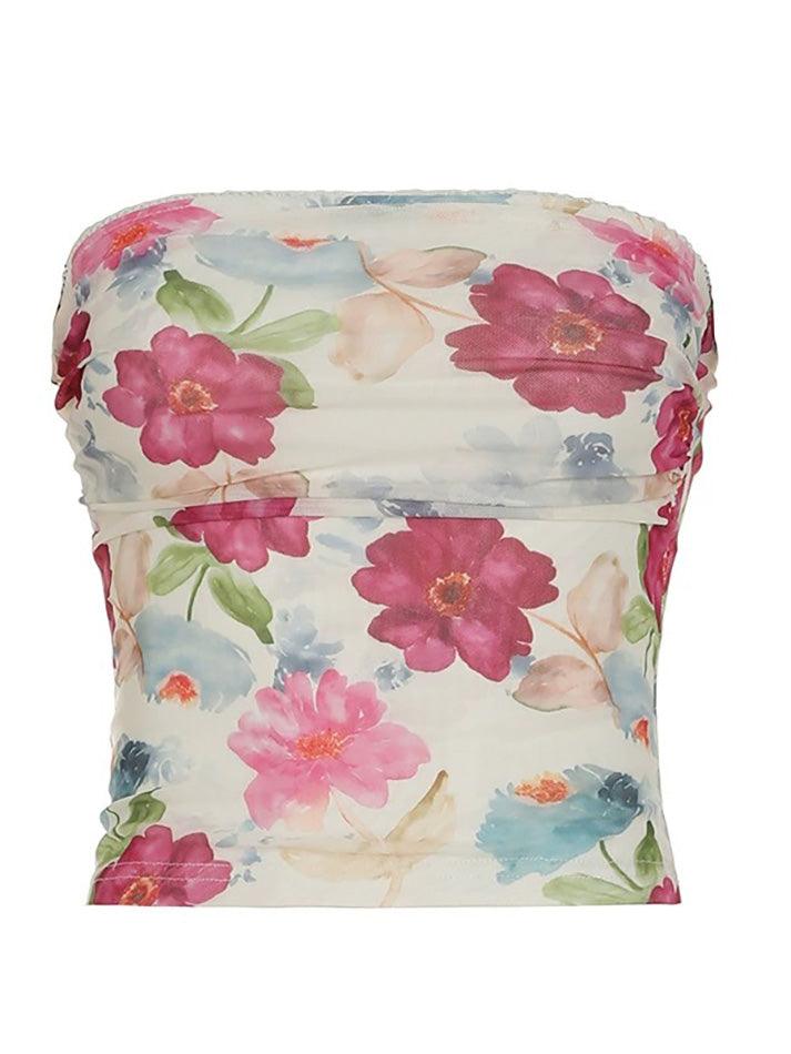 Floral Print Ruched Mesh Tube Top - AnotherChill