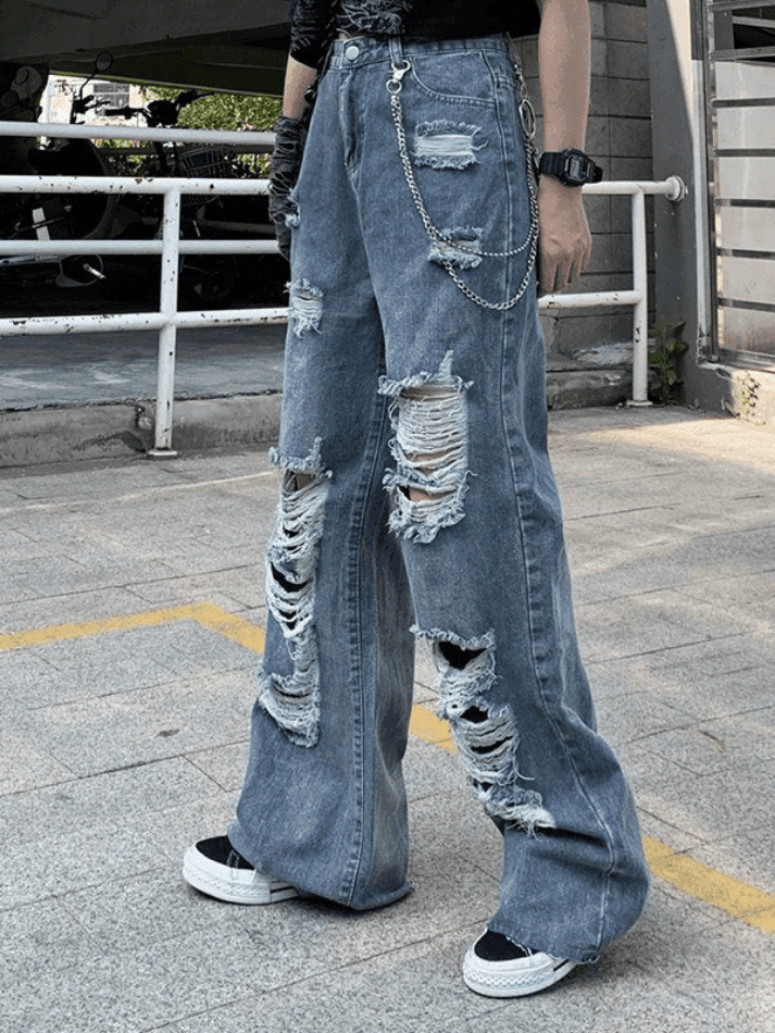 2024 Frayed Detail High Waist Ripped Jeans Blue S in Jeans Online Store ...
