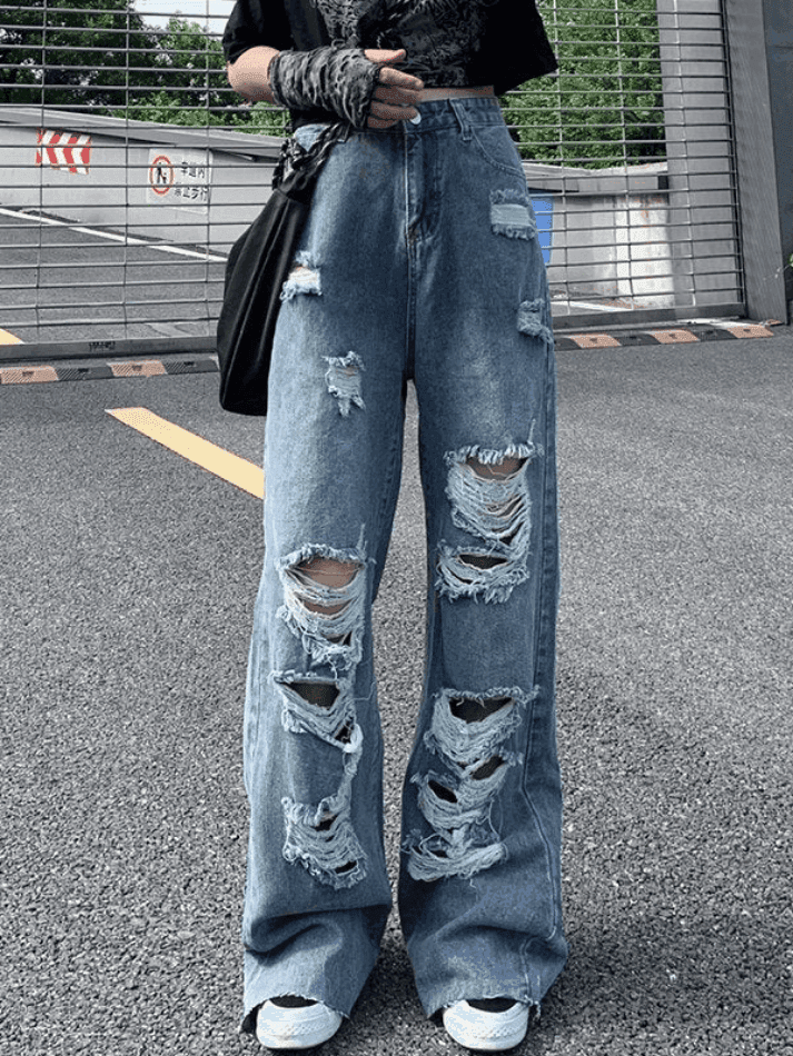 2024 Frayed Detail High Waist Ripped Jeans Blue S in Jeans Online Store ...