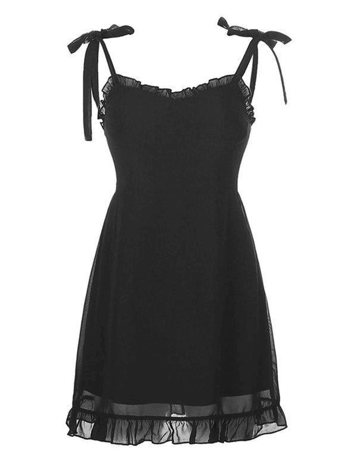 2024 Frill Trim Tie Strap Mini Dress Black S in Dresses Online Store ...