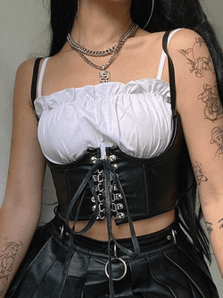 Front Tie Pu Leather Cropped Bustier - AnotherChill