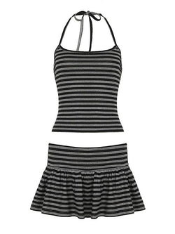 Halter Tie Contrast Backless Striped Two-Piece Set - AnotherChill