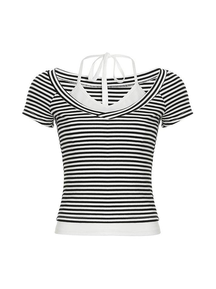 Halter Tie Contrast Striped Faux Two-Piece Top - AnotherChill