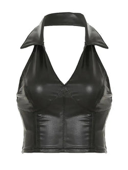 Halter V-Neck Cuffed PU Leather Crop Top - AnotherChill