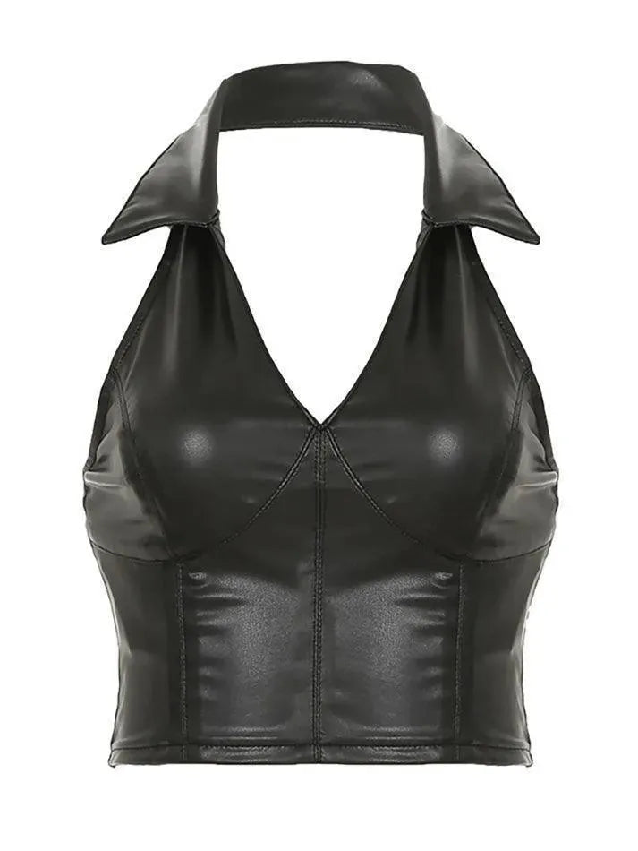 Halter V-Neck Cuffed PU Leather Crop Top - AnotherChill