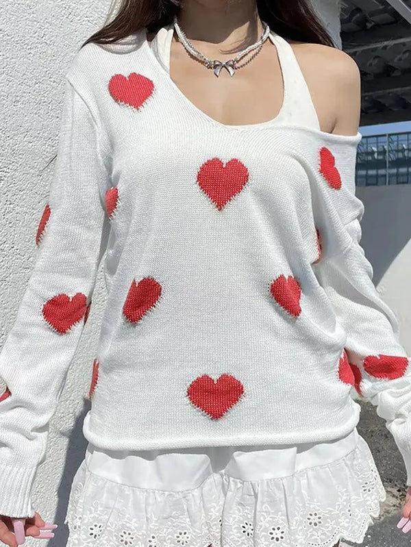 Heart Print Crew Neck Pullover - AnotherChill