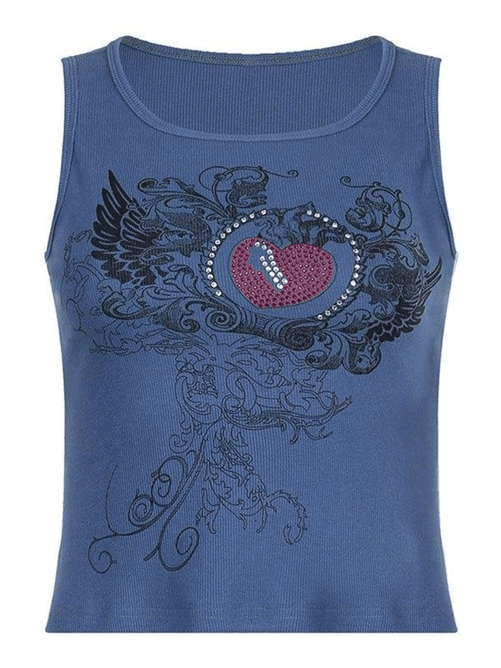 Heart Rhinestone Rib Crop Tank Top - AnotherChill