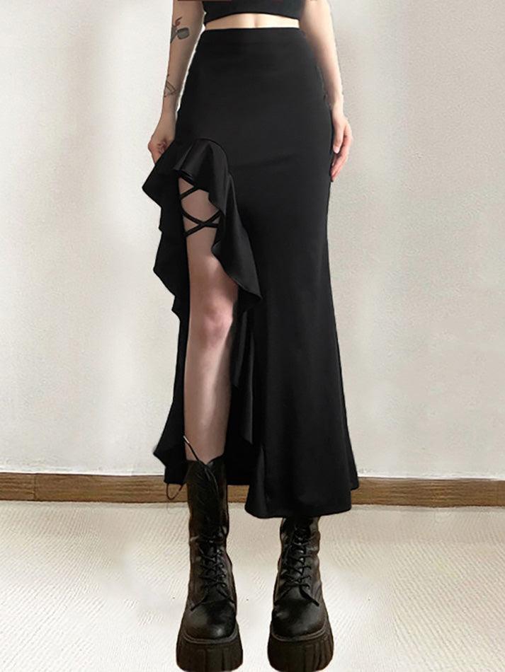 High Waist Irregular Split Goth Skirt - AnotherChill