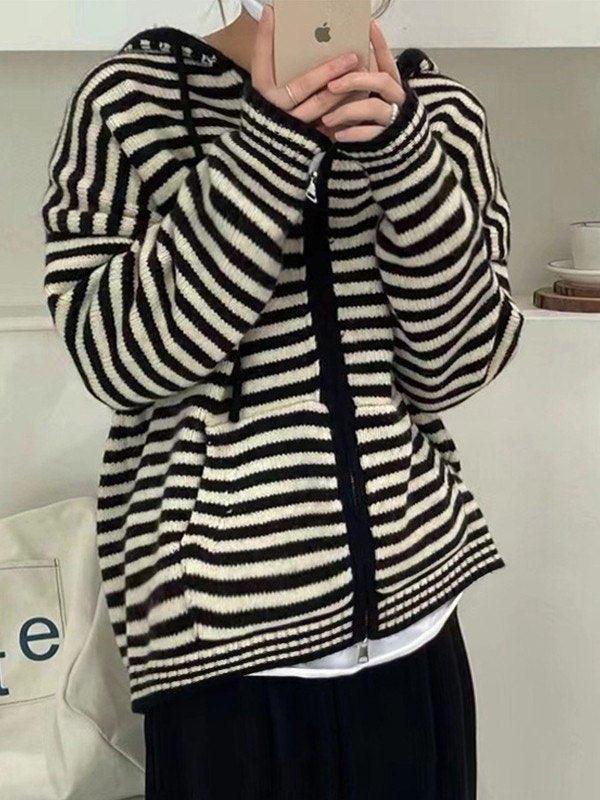 Hooded Striped Long Sleeve Knit Cardigan - AnotherChill