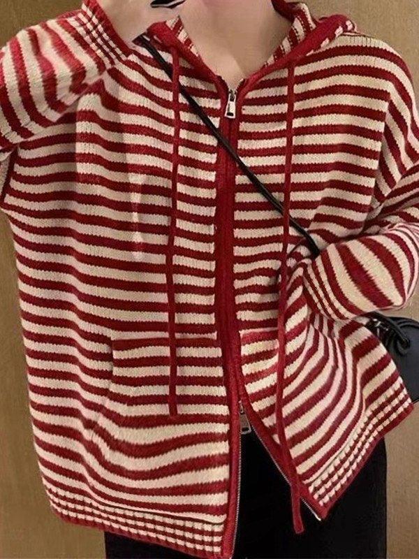 Hooded Striped Long Sleeve Knit Cardigan - AnotherChill