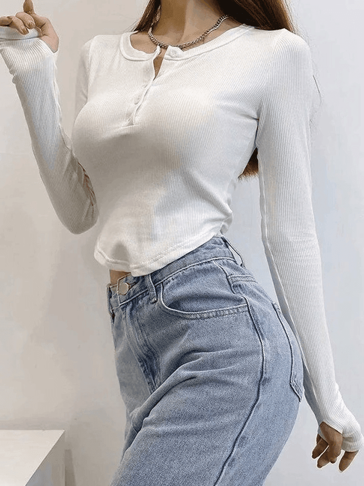 Irregular Long Sleeve Button Crop Top - AnotherChill