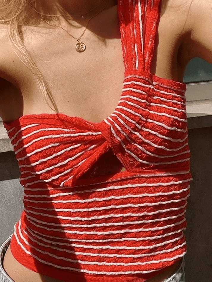 Knitted Stripe One Shoulder Tank Top - AnotherChill