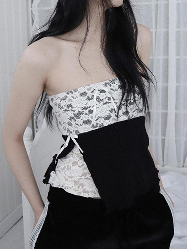 Lace Bow Slit Asymmetrical Tube Top - AnotherChill