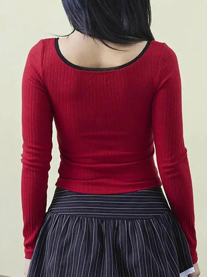 Lace Bow Striped Contrast Long Sleeve Top - AnotherChill