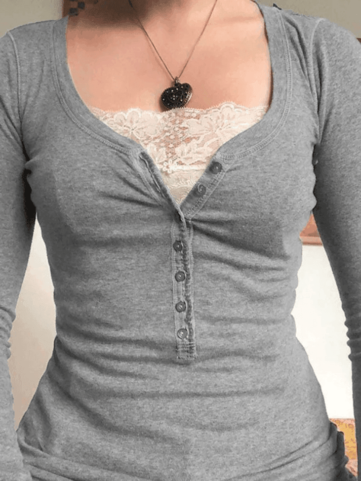 Lace Buttoned Long Sleeve Tee - AnotherChill