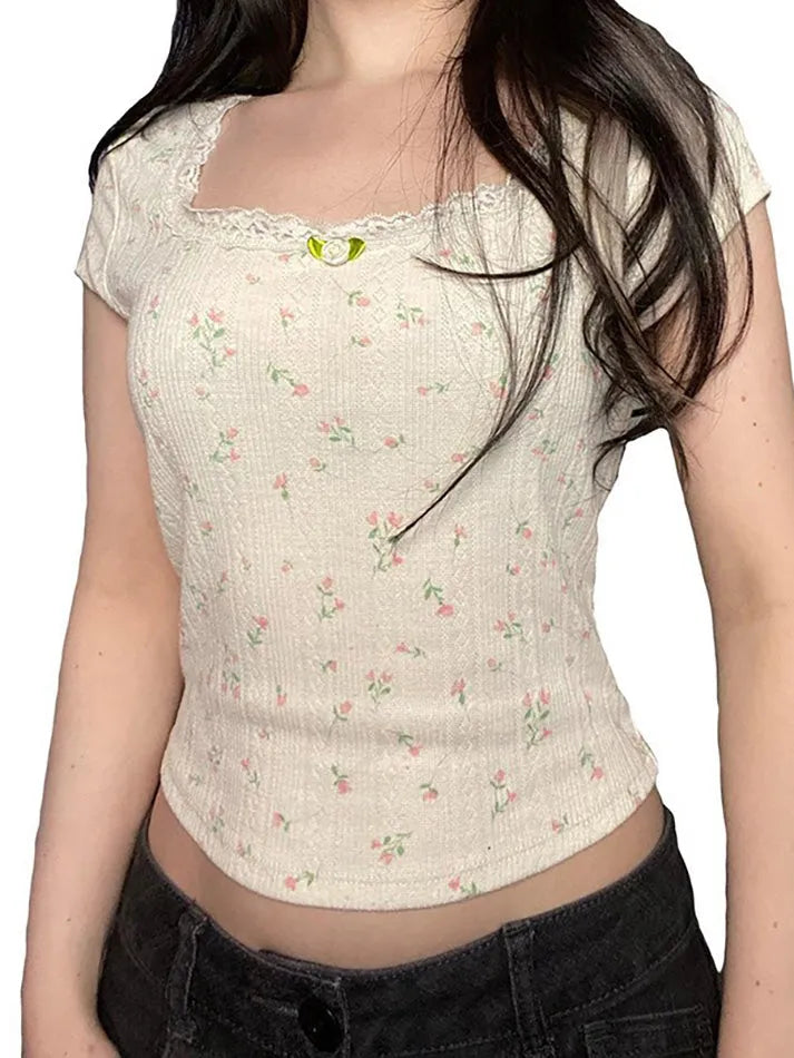 Lace Floral Fitted U-Neck Crop Top - AnotherChill