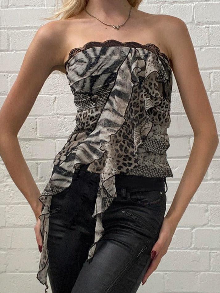 Lace Leopard Print Ribbon Bandeau Top - AnotherChill