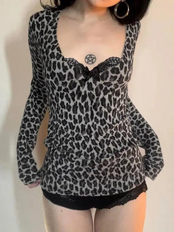 Lace Leopard Print V-Neck Fitted Long Sleeve Top - AnotherChill