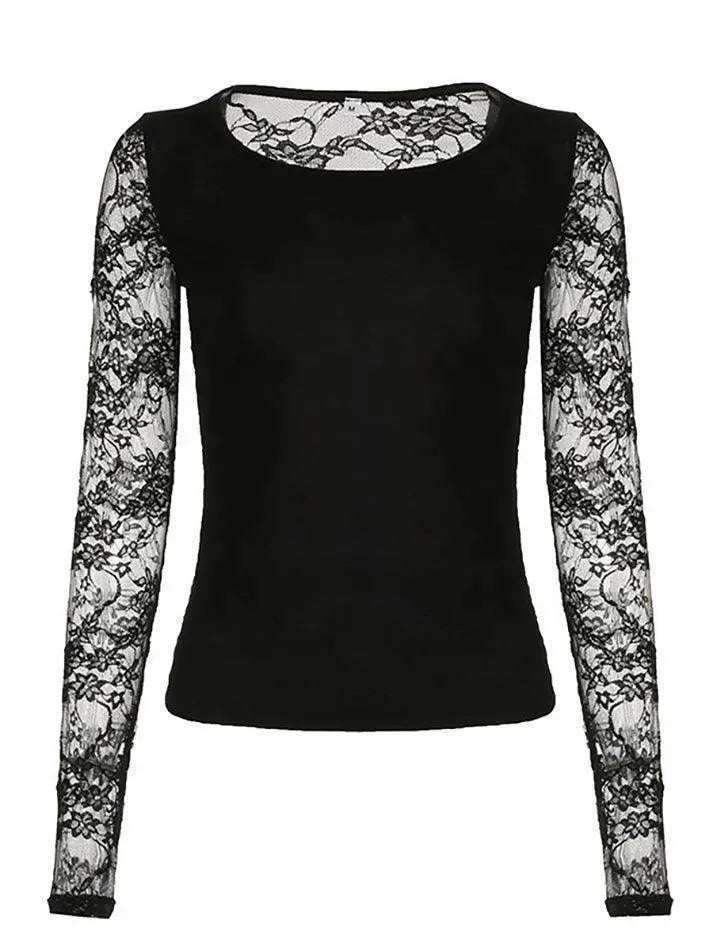 Lace Mesh Flower Embroidery Long Sleeve Top - AnotherChill