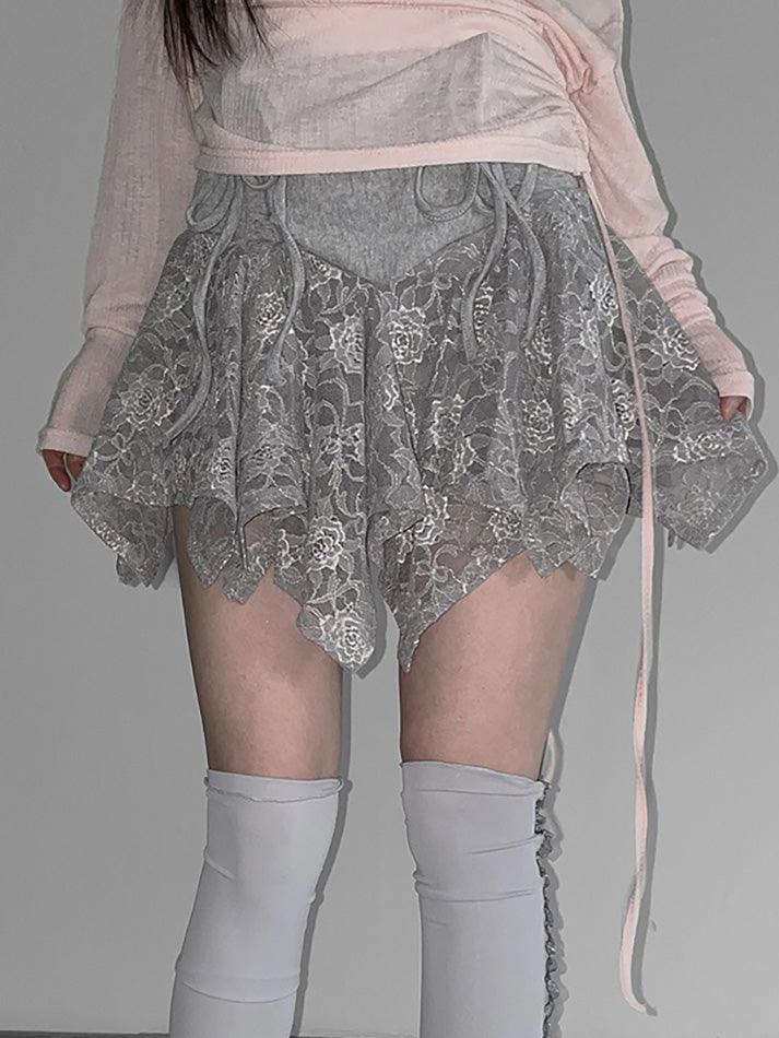 Lace Ruched Asymmetrical Bow Mini Skirt - AnotherChill