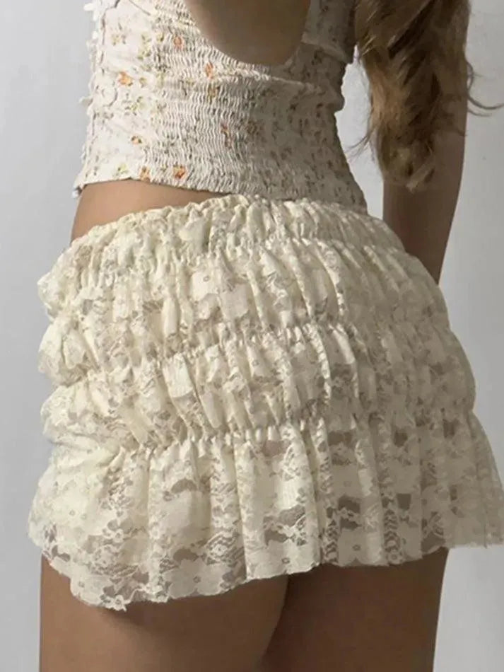 Lace Ruched Low-Rise Double-Layer Mini Skirt - AnotherChill