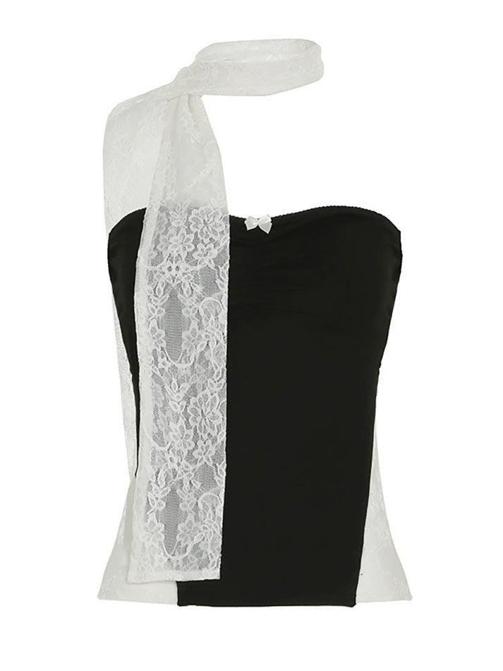 Lace Scarf Contrast Bow Ruched Bandeau Top - AnotherChill