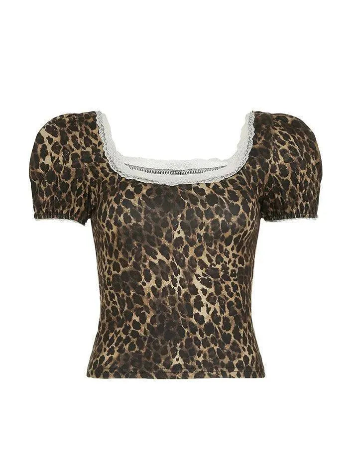 Lace Trim Leopard Print Square Neck Puff Sleeve Top - AnotherChill