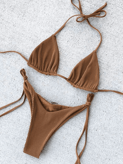 Lace Up Ribbed Plain Bikini Set - AnotherChill