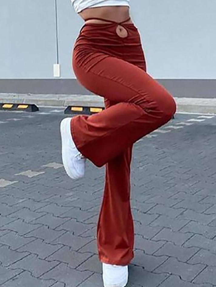 2024 Lace Up Stretch Flare Leg Pants Red S in Pants Online Store