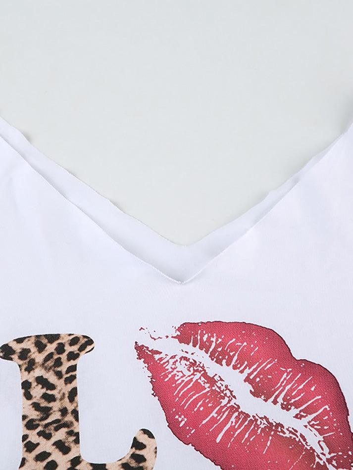 Leopard Letter Print V-Neck Tee - AnotherChill