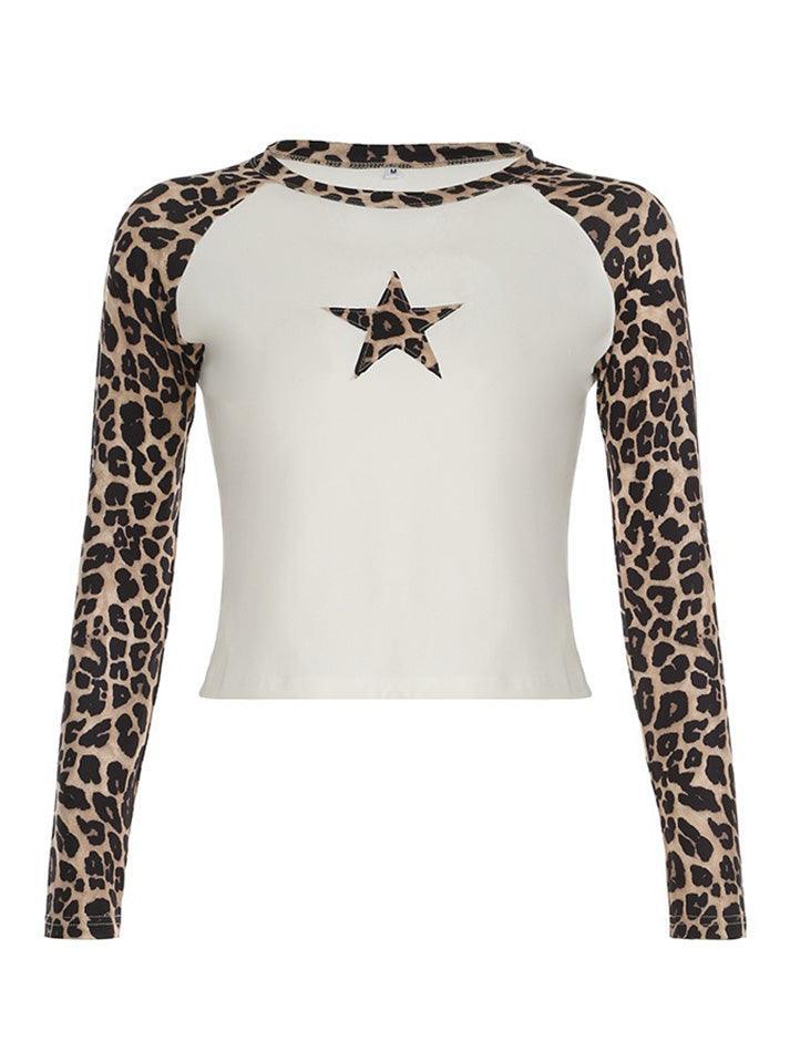 Leopard Print Contrast Star Patchwork Tee - AnotherChill