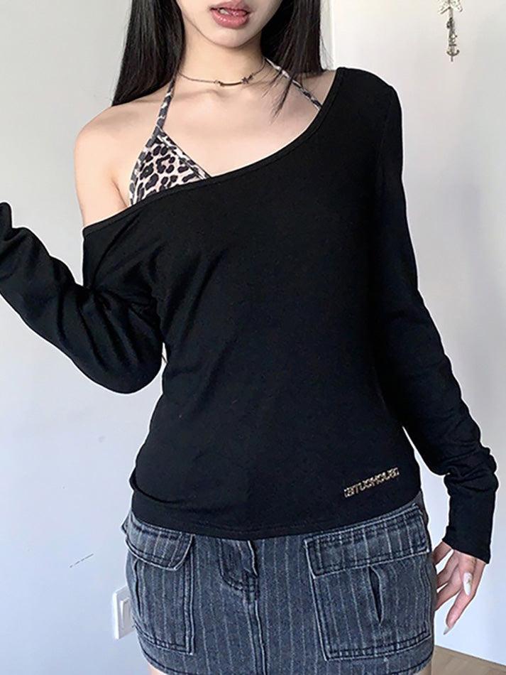 Leopard Print One Shoulder Long Sleeve Tee - AnotherChill