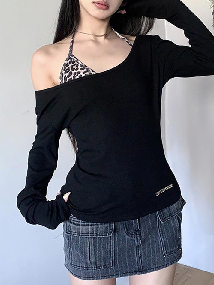 Leopard Print One Shoulder Long Sleeve Tee - AnotherChill