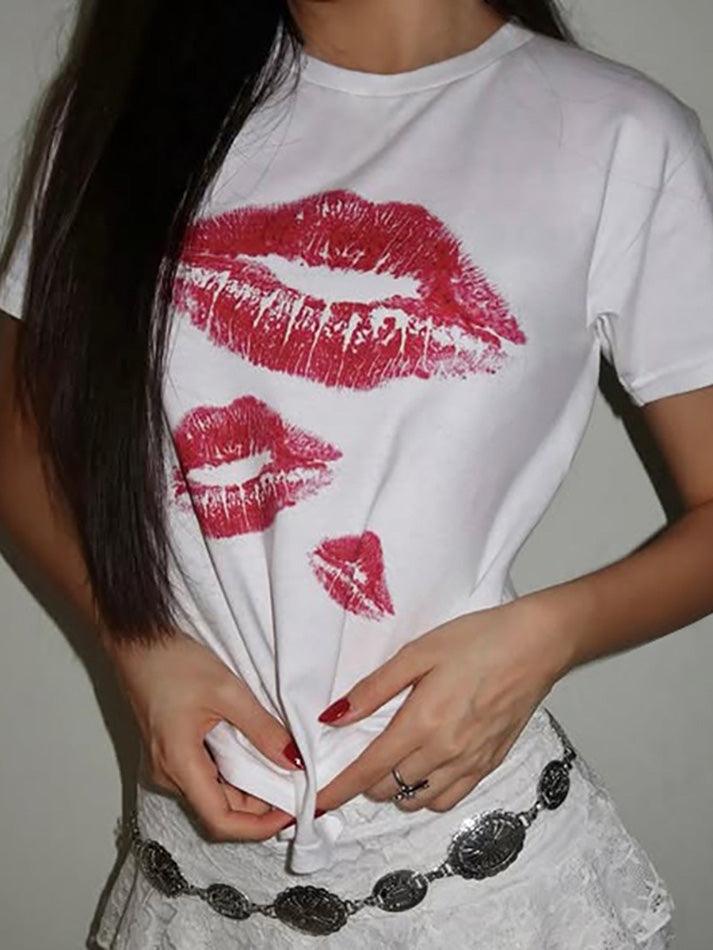 Lip Print Crew Neck Crop Top - AnotherChill