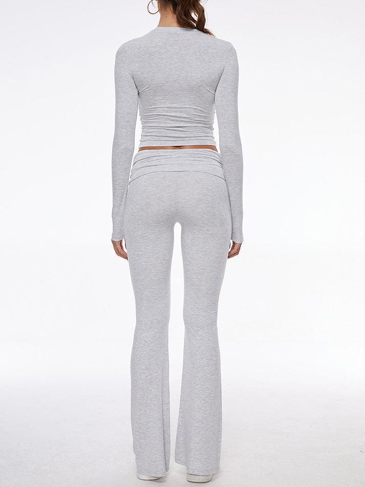 Long Sleeve Cropped Top Fold-over Flare Pants Set - AnotherChill