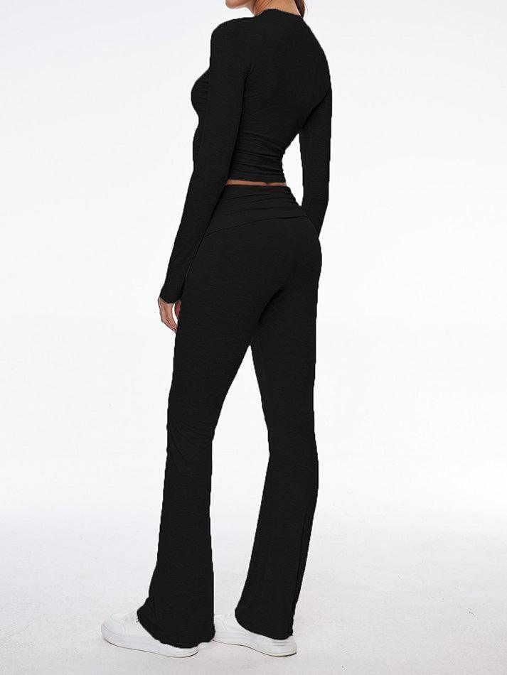 Long Sleeve Cropped Top Fold-over Flare Pants Set - AnotherChill