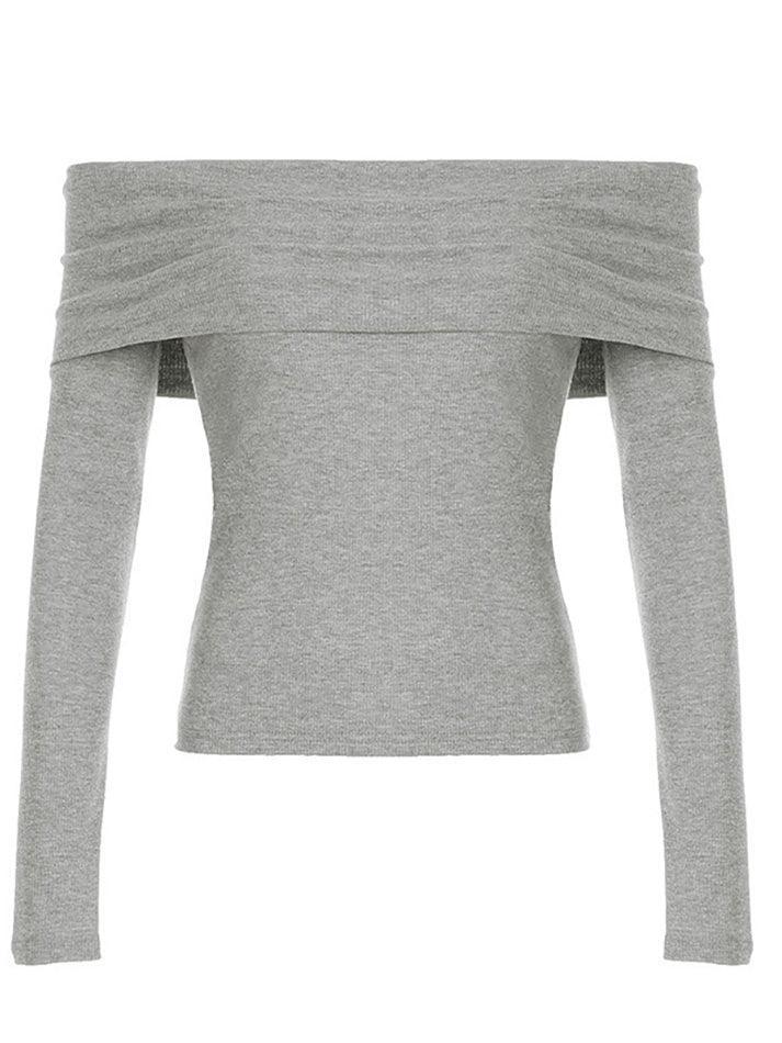 Long Sleeve Off-Shoulder Plain Slim-Fit Knit Top - AnotherChill