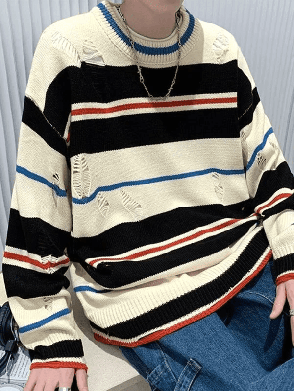 Men's Color Block Striped Distressed Sweater - AnotherChill