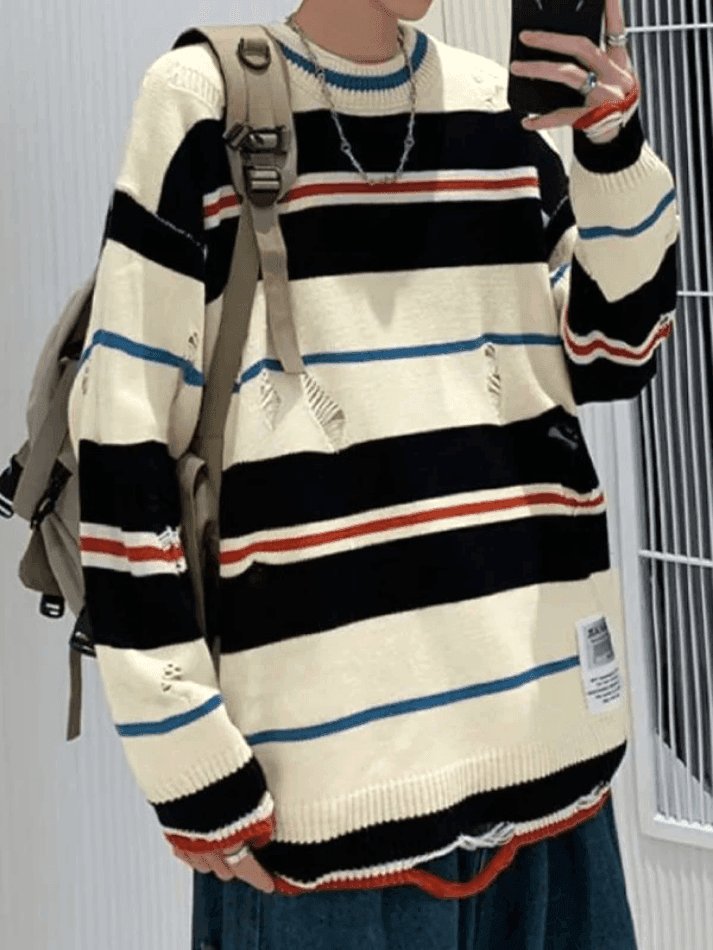 Men's Color Block Striped Distressed Sweater - AnotherChill