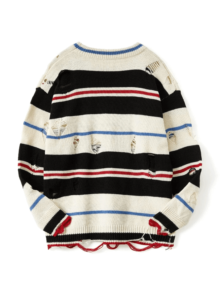 Men's Color Block Striped Distressed Sweater - AnotherChill