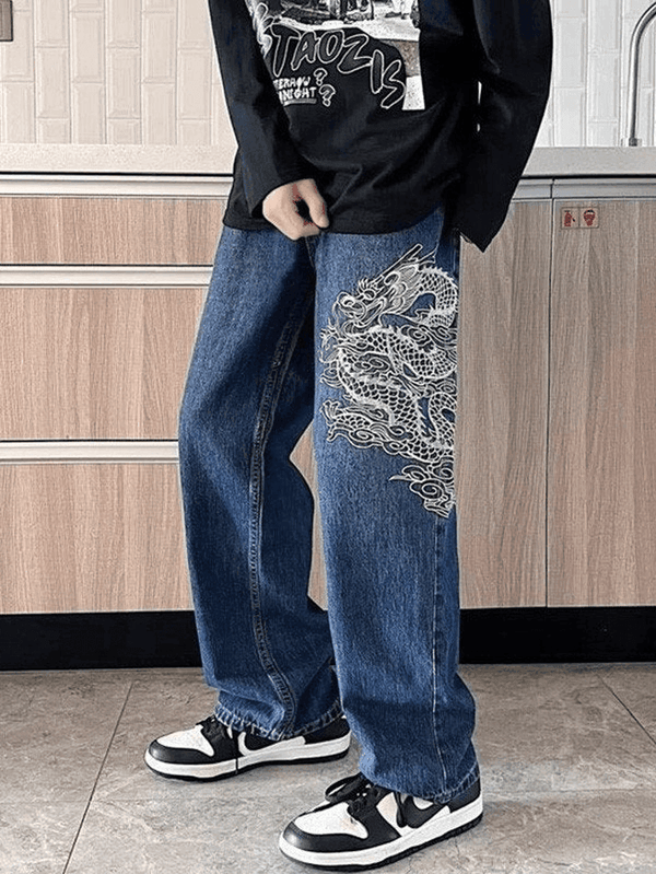 Men's Dragon Embroidered Straight Leg Jeans - AnotherChill