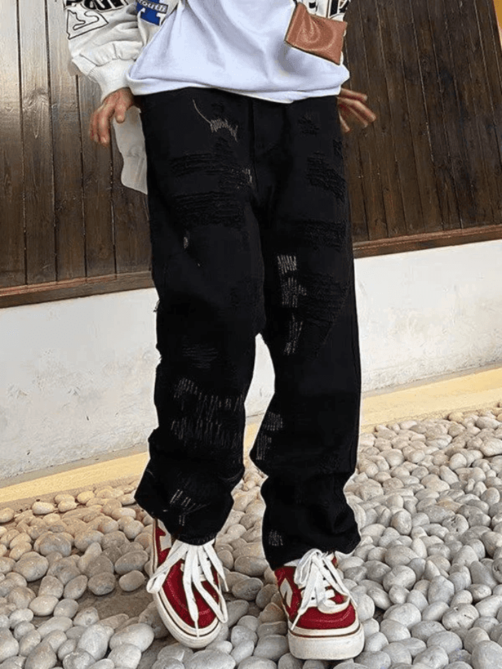 Men's Stitch Detail Distressed Black Loose Jeans - AnotherChill