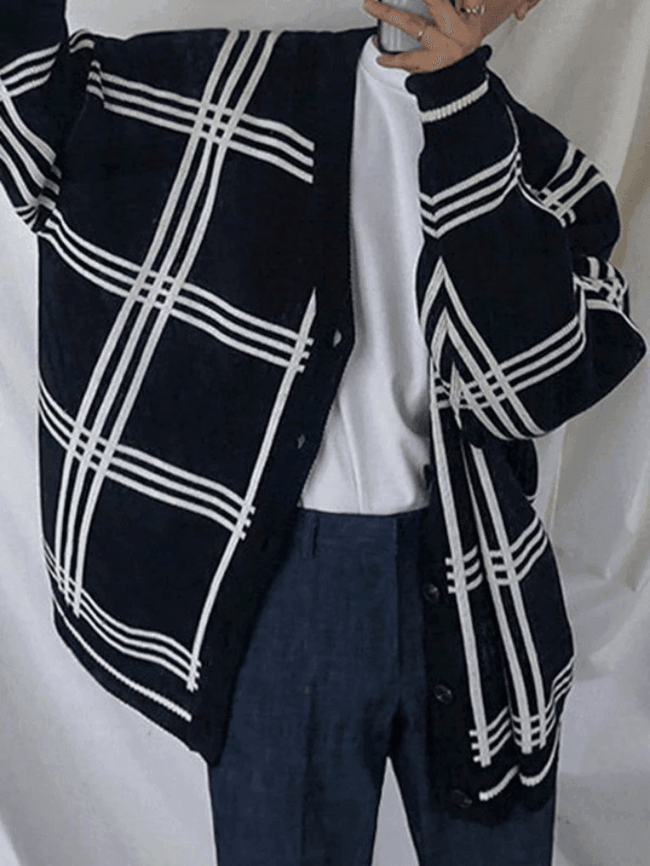 Men's V Neck Checkered Cardigan - AnotherChill