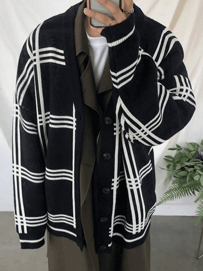 Men's V Neck Checkered Cardigan - AnotherChill