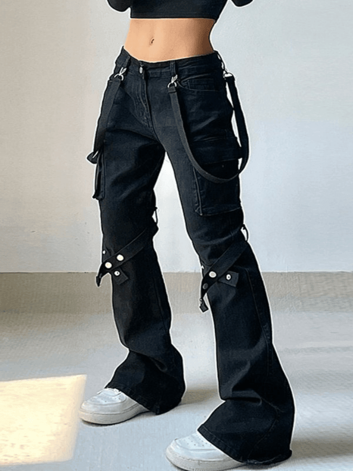 Metal Leg Loop Pocket Straight Cargo Jeans - AnotherChill