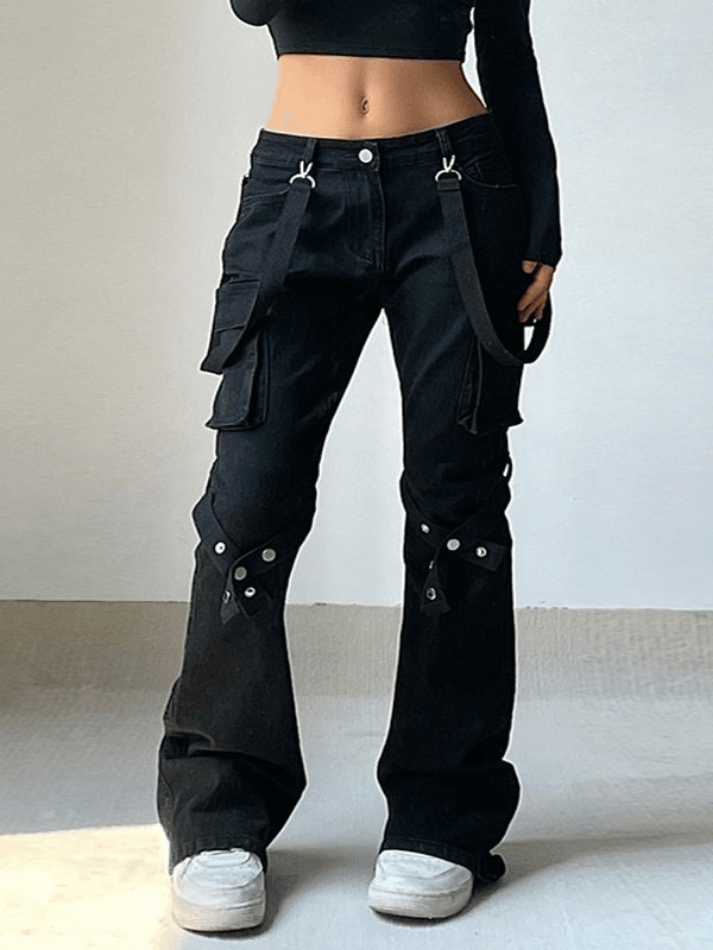 2024 Metal Leg Loop Pocket Straight Cargo Jeans Black S in Jeans Online ...