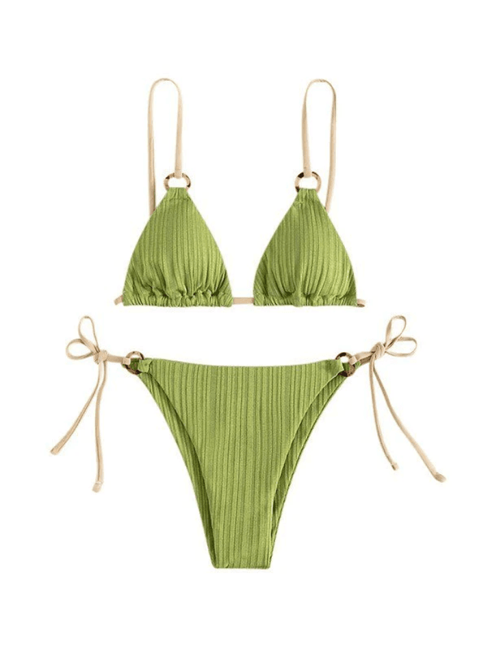 O Ring Lace Up Ribbed Triangle Bikini Set - AnotherChill