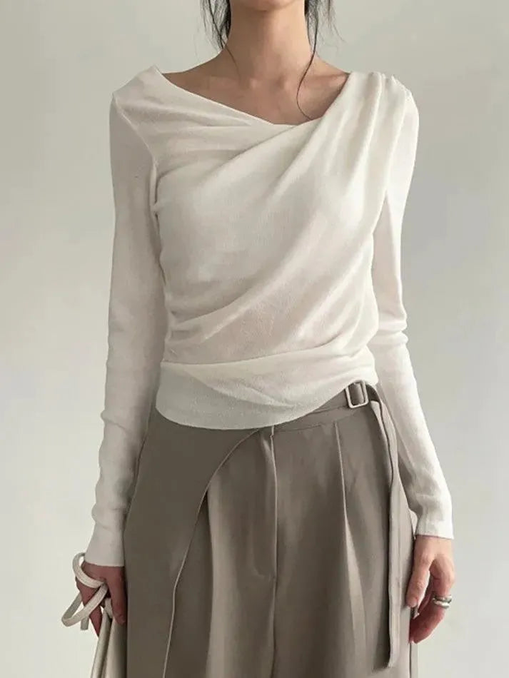 Off-Shoulder Asymmetrical Ruched Solid Long Sleeve Top - AnotherChill